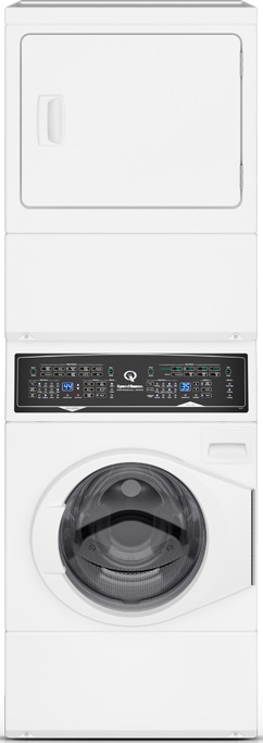 Stock photo of a white Speed Queen brand stacked washer and dryer. 