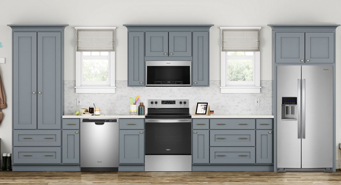 Modern light blue kitchen with energy efficient appliances
