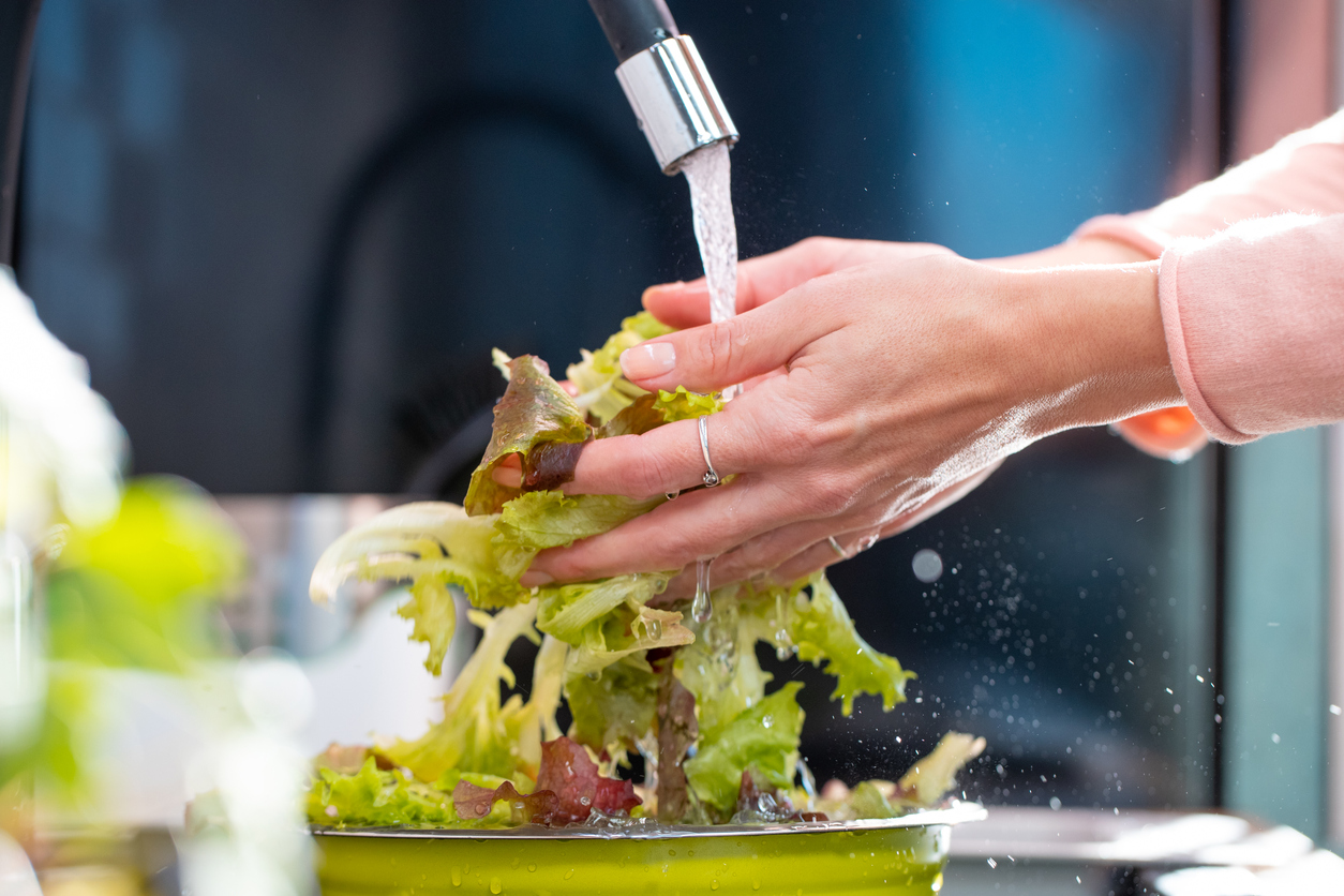 woman’s hands wash fresh lettuce under faucet in kitchen sink