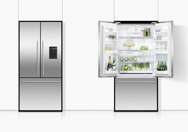 Identical Fisher & Paykel French door refrigerators are shown, one open and the other closed