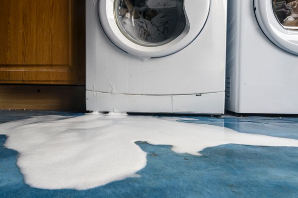 A close-up of a leaking front load washer 