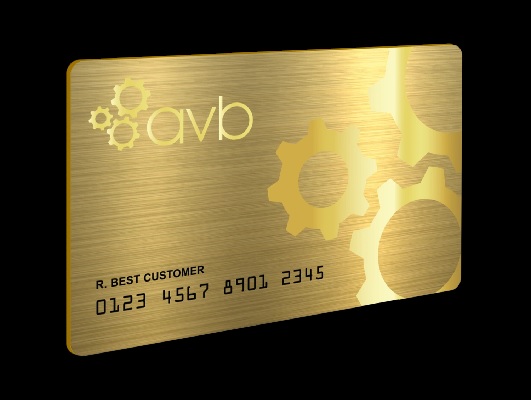A gold AVG credit card against a black background 