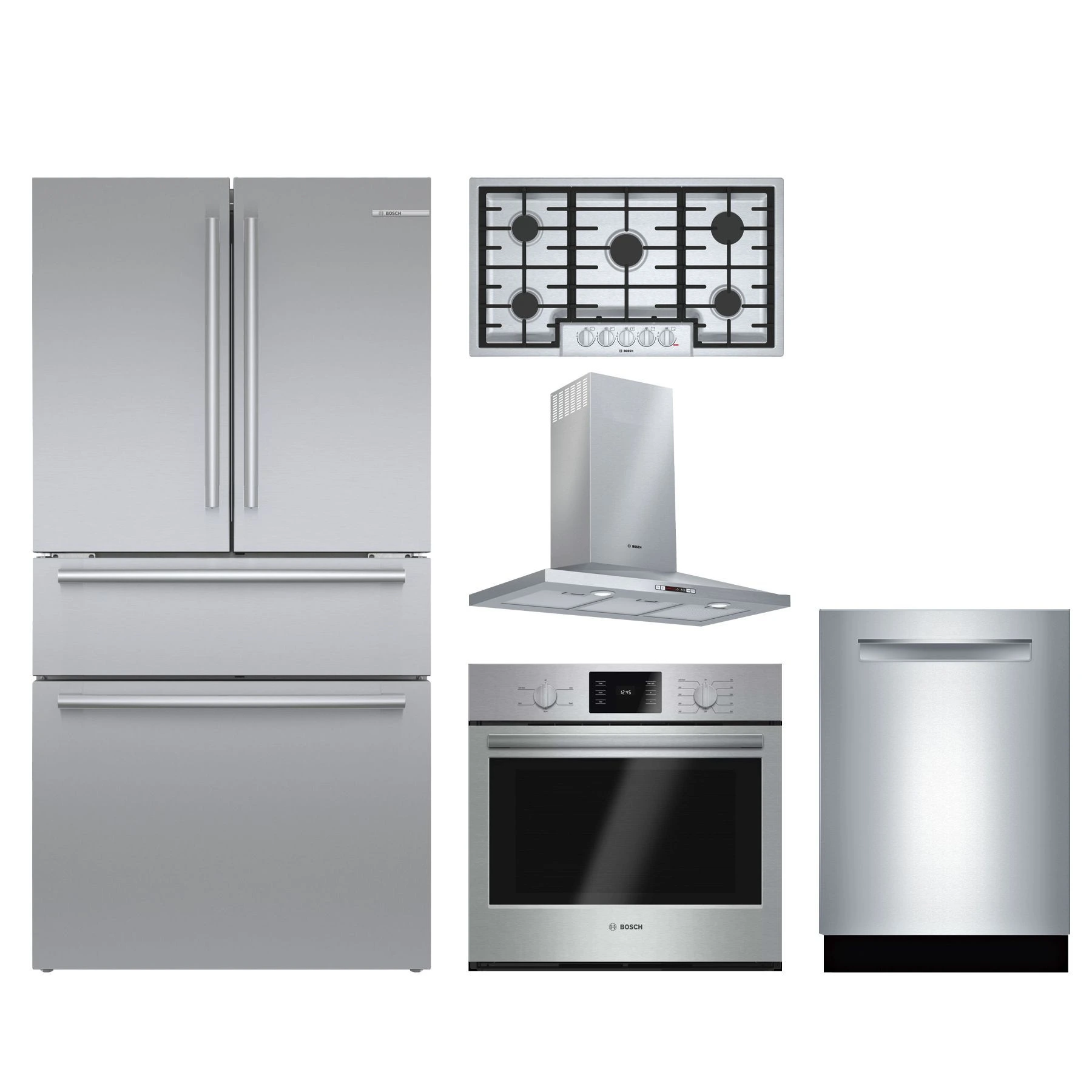 Front view of a Bosch 5-piece appliance package 