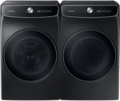 A Samsung black washer and dryer set featuring the Samsung WV60A9900AV washer and Samsung DVE60A9900V dryer 