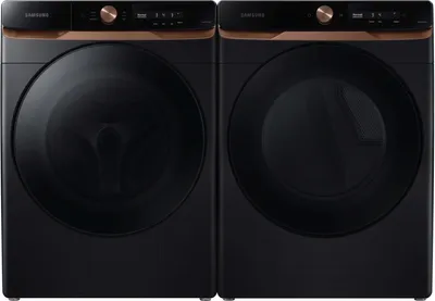 A Samsung black washer and dryer set featuring the Samsung WF46BG6500AV washer and Samsung DVE46BG6500V dryer 
