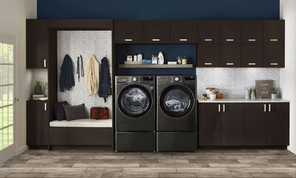 An LG black washer and dryer set in a laundry room 