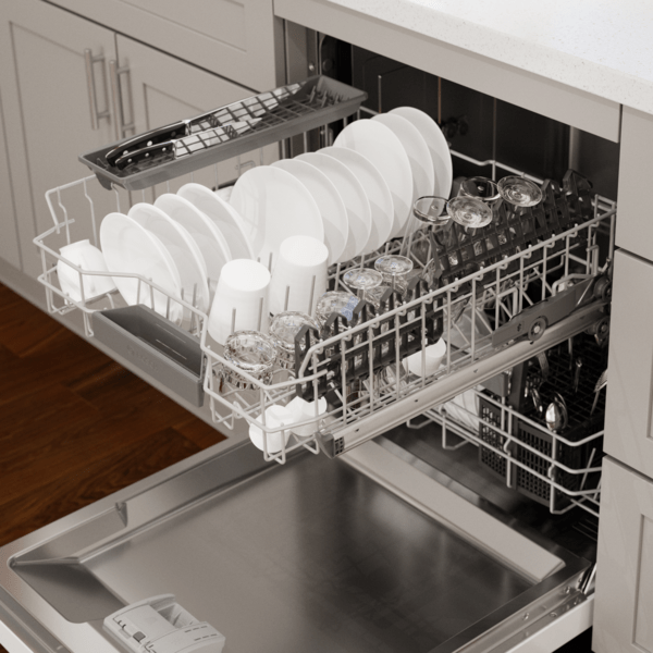 A Bosch 300 Series dishwasher featured with its racks out 