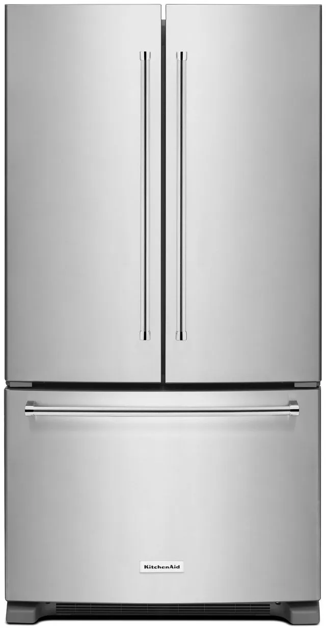 Front view of the KitchenAid KRFC300ESS French door counter depth refrigerator 