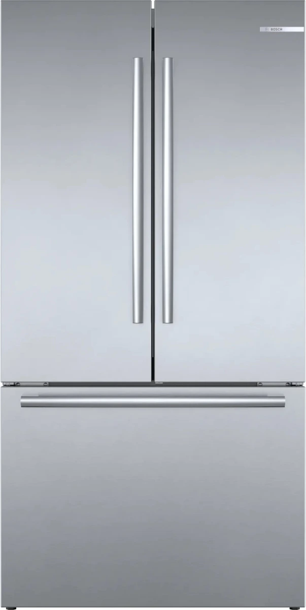 Front view of the Bosch 800 Series B36CT80SNS French door counter depth refrigerator 