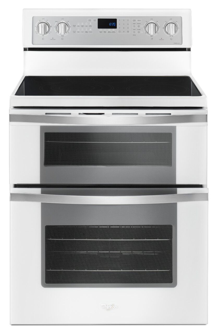Front view of the Whirlpool WGE745C0FH double oven electric range 