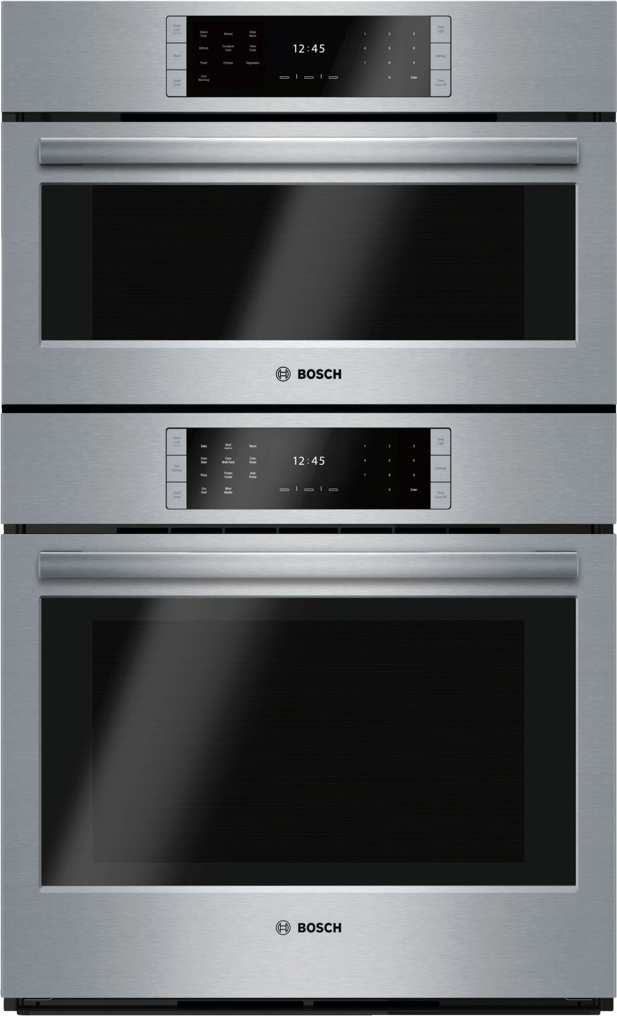 Front view of the Bosch Benchmark HSLP751UC combination wall oven 