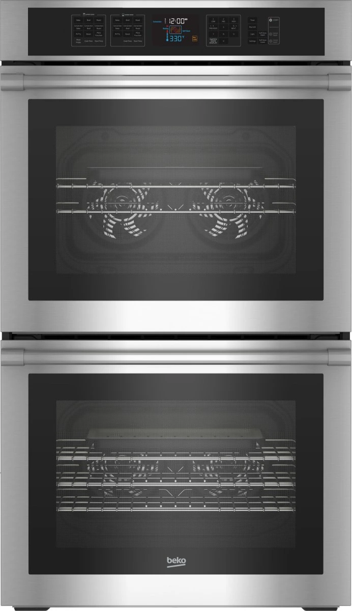 Front view of the Beko WOD30100SS double wall oven 
