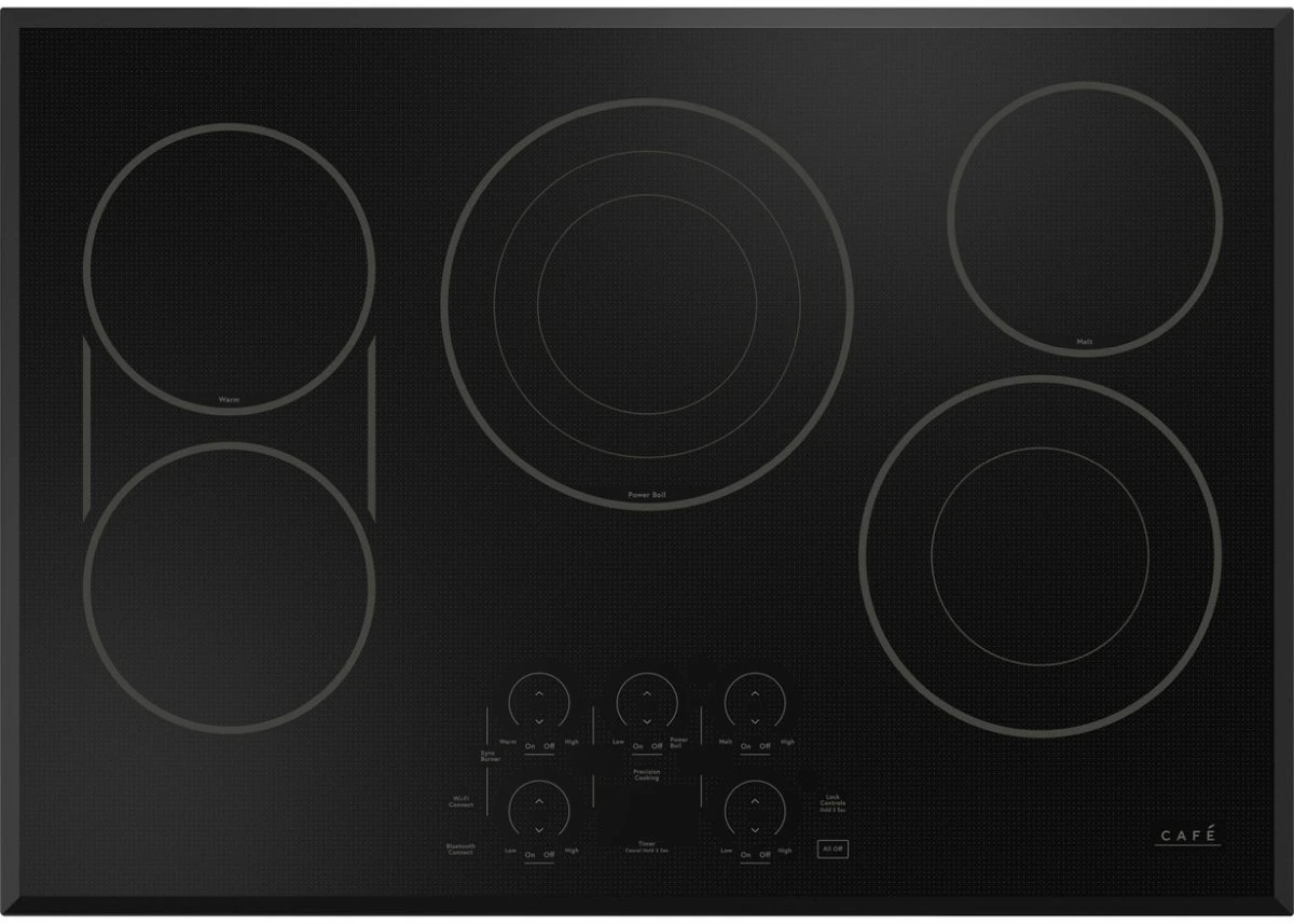 Overhead view of the Café CEP90301TBB electric cooktop 