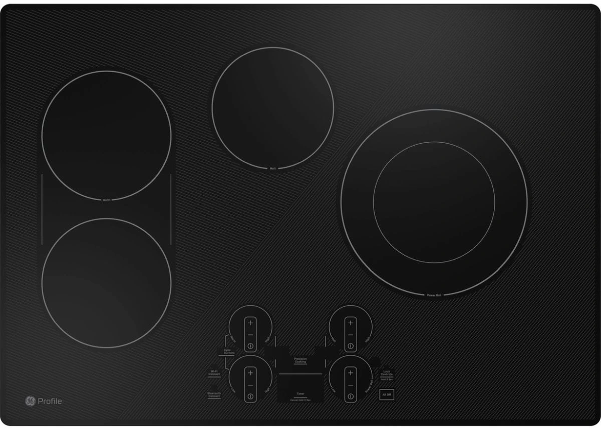 Overhead view of the GE Profile PEP7030DTBB electric cooktop 