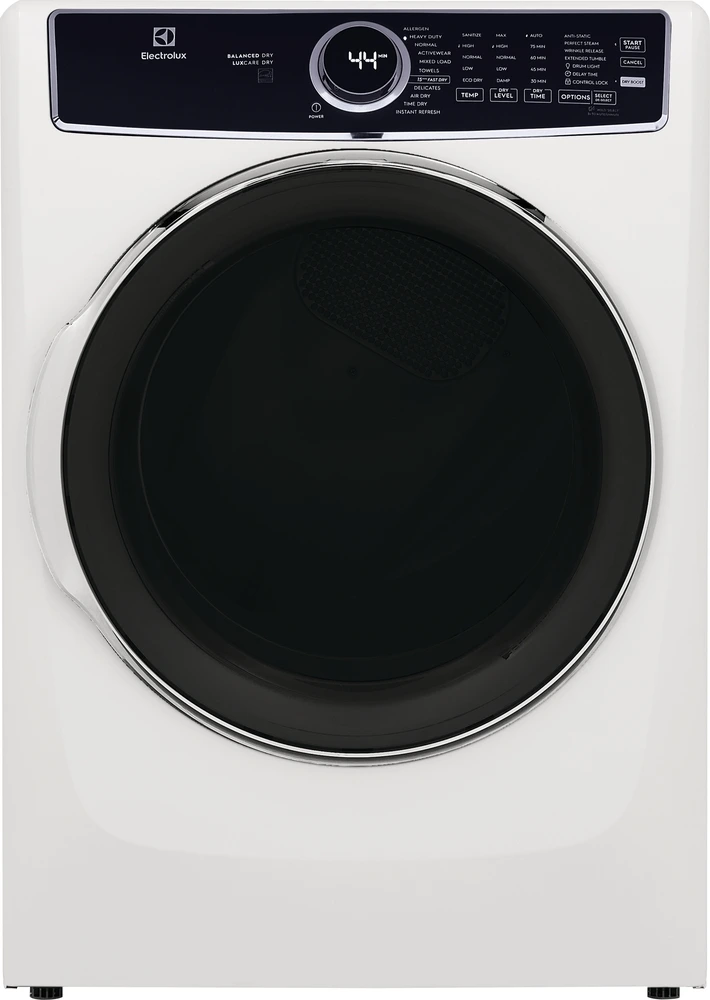 Front view of the Electrolux ELFE7637AW electric dryer 