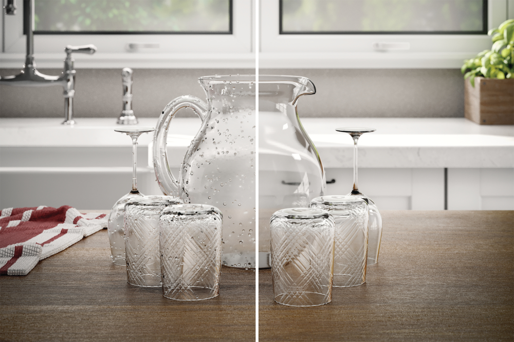 A graphic depicting glassware cleaned and dried inside a Frigidaire Gallery dishwasher and without 