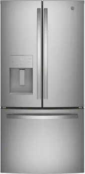 Front view of the GE GFE24JYKFS French door refrigerator 