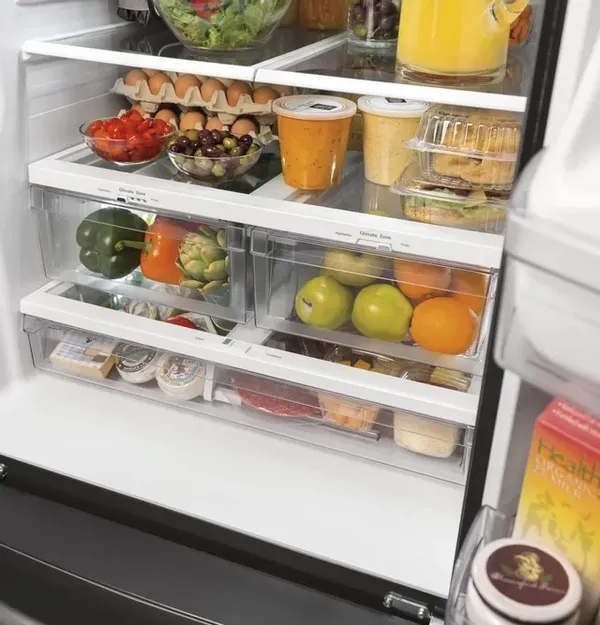 Inside of the GE GFE24JYKFS French door refrigerator 