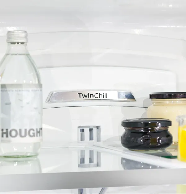 A close-up of  the TwinChill feature on a GE French door refrigerator 