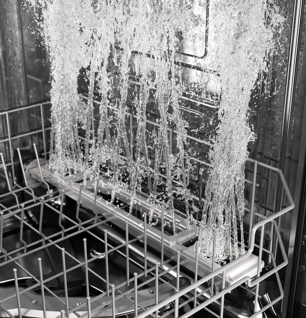 A close look at spray jets inside a GE Profile dishwasher