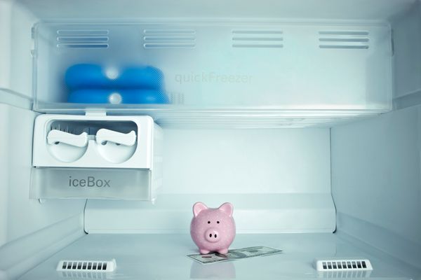 A pink piggie bank with a $100 bill inside of a freezer