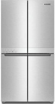 Front view of the KitchenAid KRQC506MPS quad door refrigerator 
