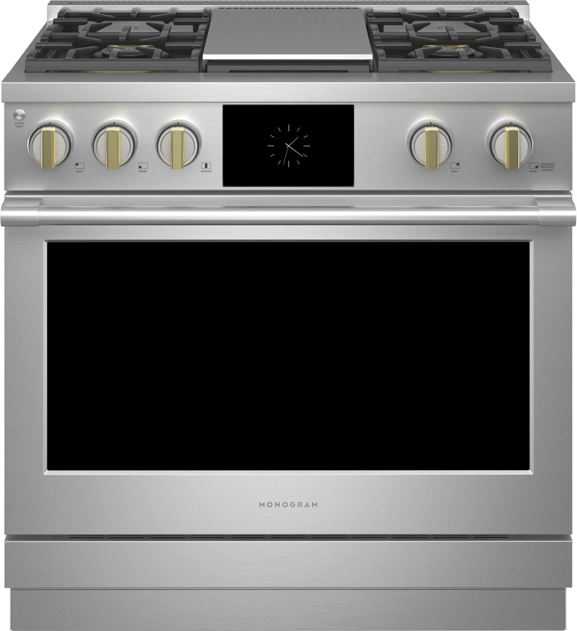 Front view of the Monogram ZDP364NDTSS 36” dual fuel range 