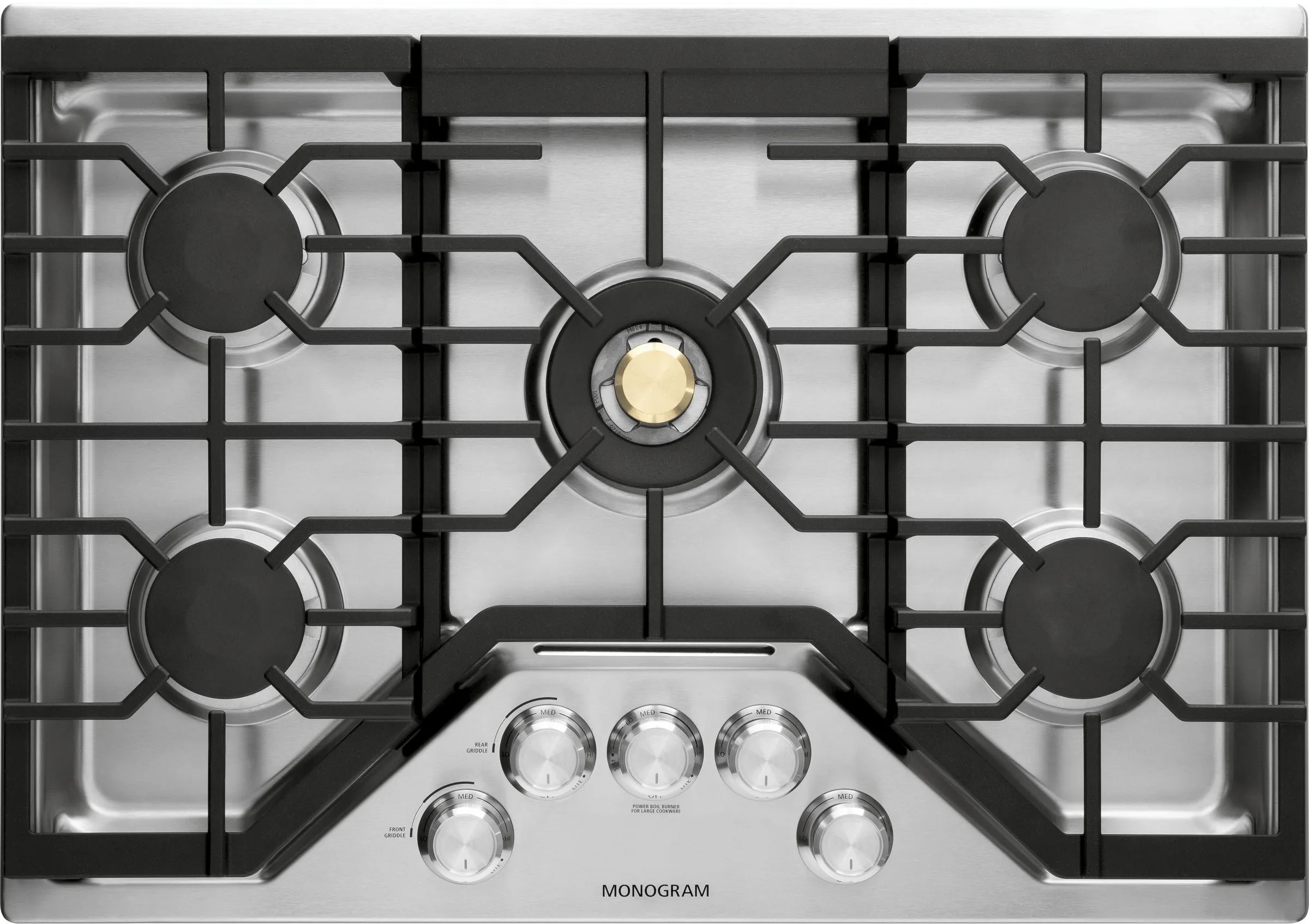 Overhead view of the Monogram ZGU30RSLSS 30” gas cooktop 