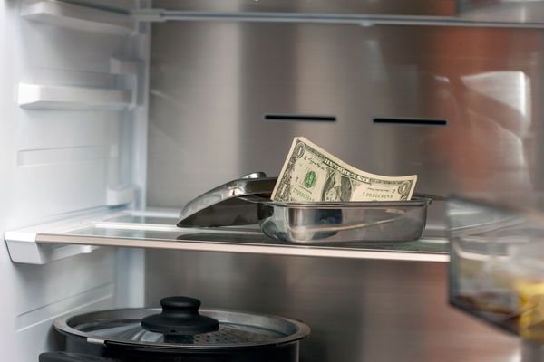 A metal dish with a dollar bill inside of a refrigerator