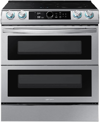 Front view of the Samsung NE63T8951SS double oven slide in electric range 