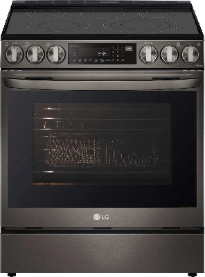 Front view of the LG LSEL6335D-CL black stainless slide in electric range 