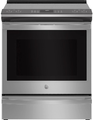 Front view of the GE Profile PHS930YPFS slide in induction range 