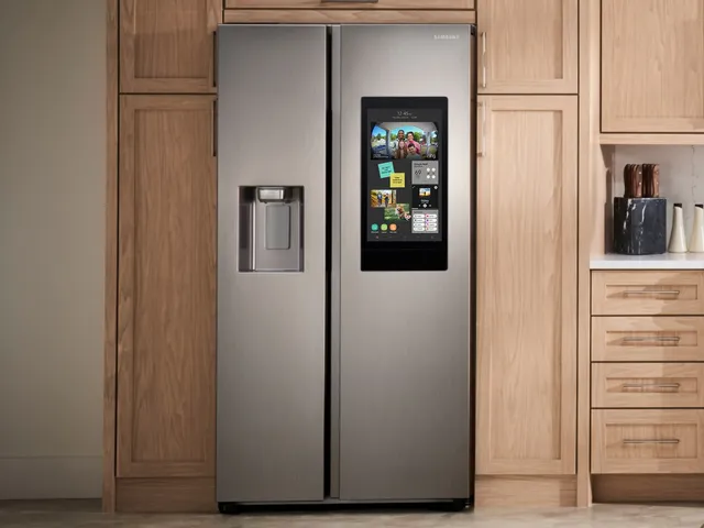 The Samsung RS22T5561SR side-by-side Family Hub refrigerator installed in a kitchen 