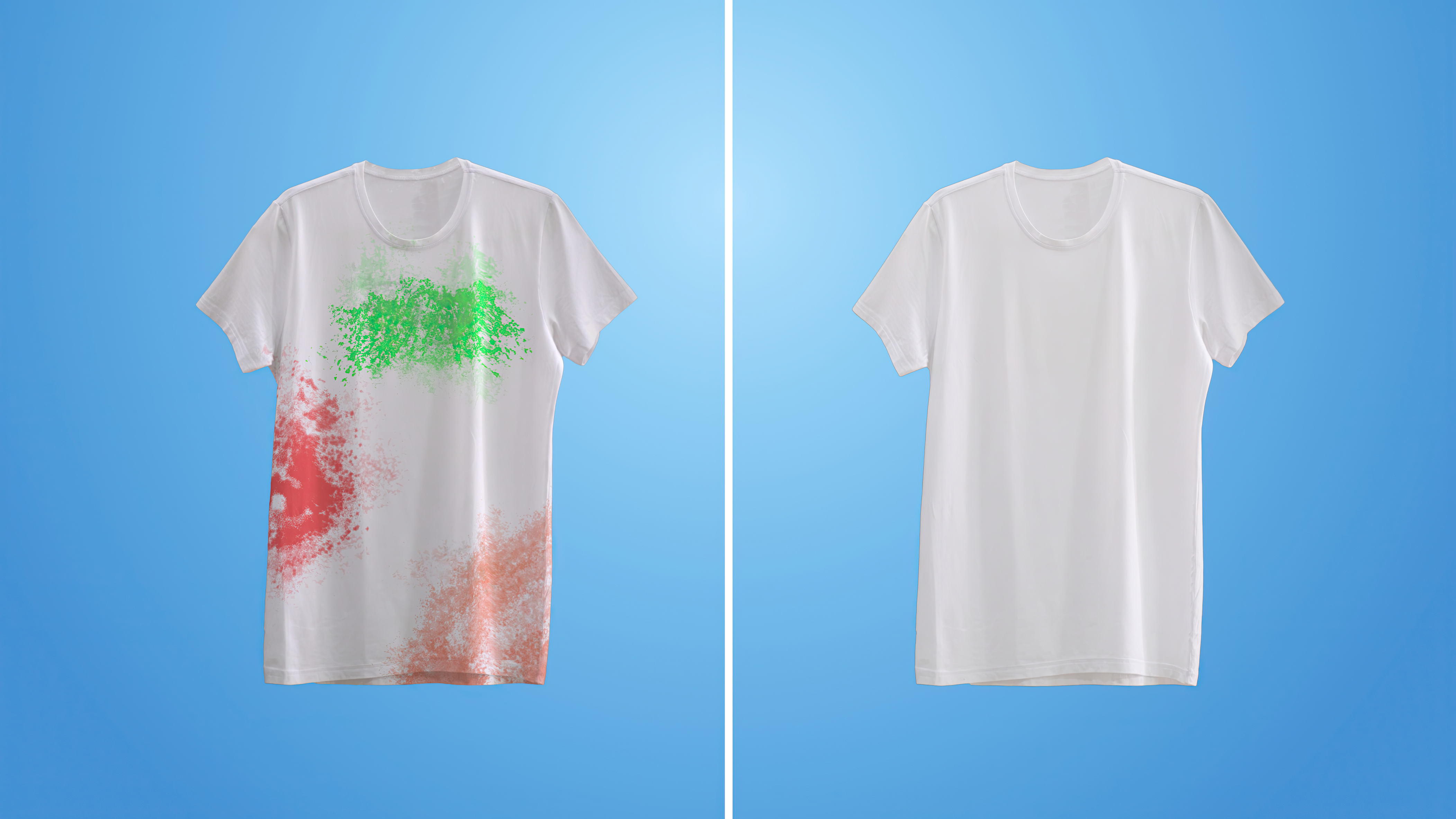 A side-by-side of a dirty white shirt and clean white shirt against a blue background 