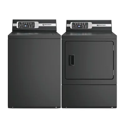 A Speed Queen washer and dryer pair featuring the Speed Queen TR7003BN washer and Speed Queen DR7004BG dryer 