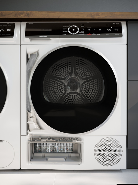 A close-up of the water reservoir on a Bosch heat pump dryer