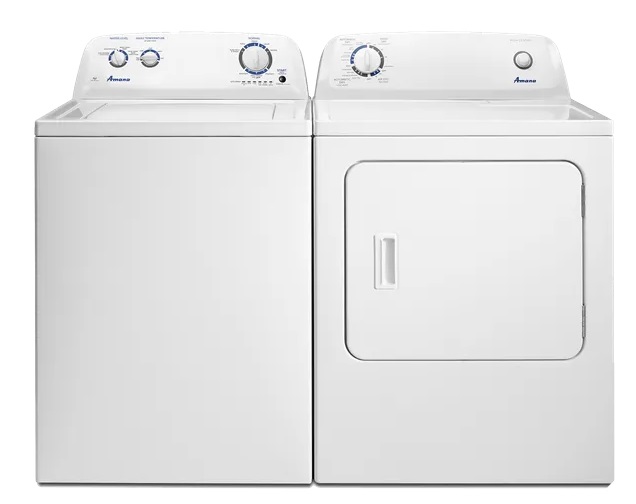 Front view of Amana NTW4516FW washer and NED4655EW dryer pair 