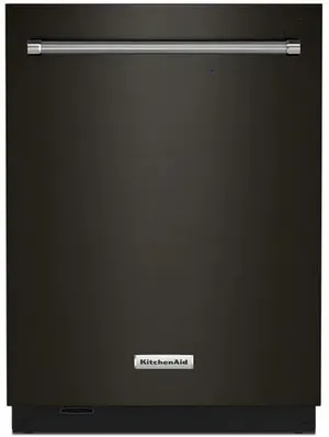 Front view of the KitchenAid KDTM604KBS black stainless steel dishwasher 