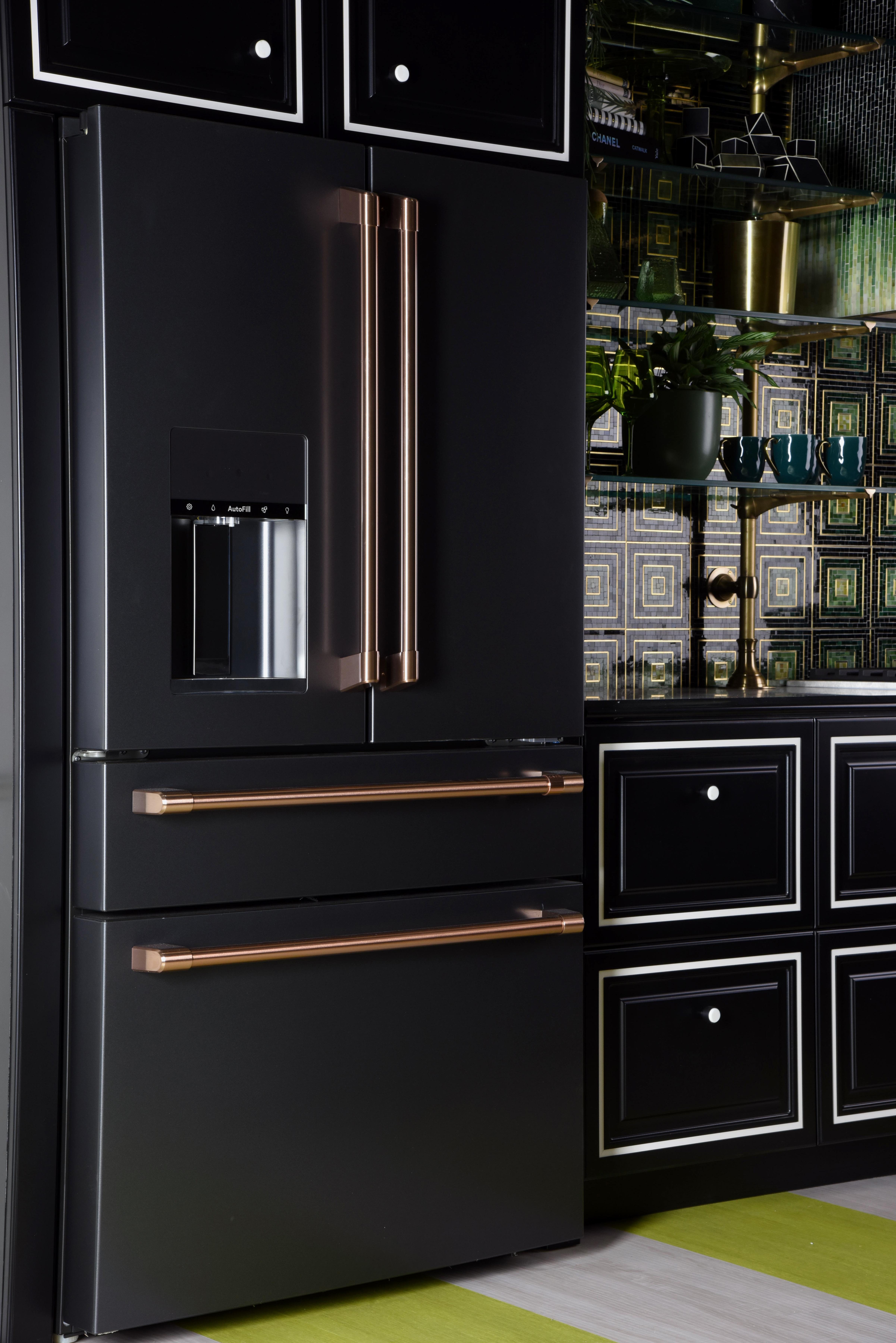 The Café Bold Ambition French door refrigerator in a black stainless steel finish 