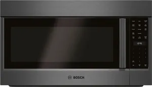 Front view of the Bosch HMV8044U over the range microwave in black stainless steel 