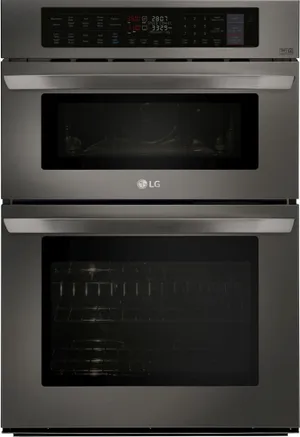 Front view of the LG LWC3063BD black stainless steel double wall oven 