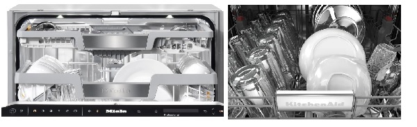 A side by side of a KitchenAid and Miele dishwasher 