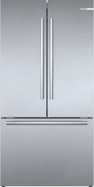 Front view of the Bosch B36CT80SNS 800 Series French door refrigerator 