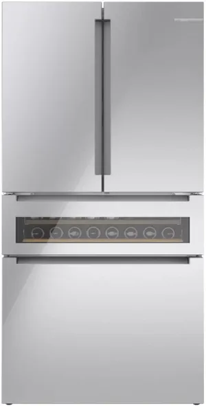 Front view of the Bosch B36CL81ENG 800 Series counter depth French door refrigerator 
