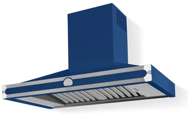 Side view of Cornue C1RC chimney hood in navy blue finish 