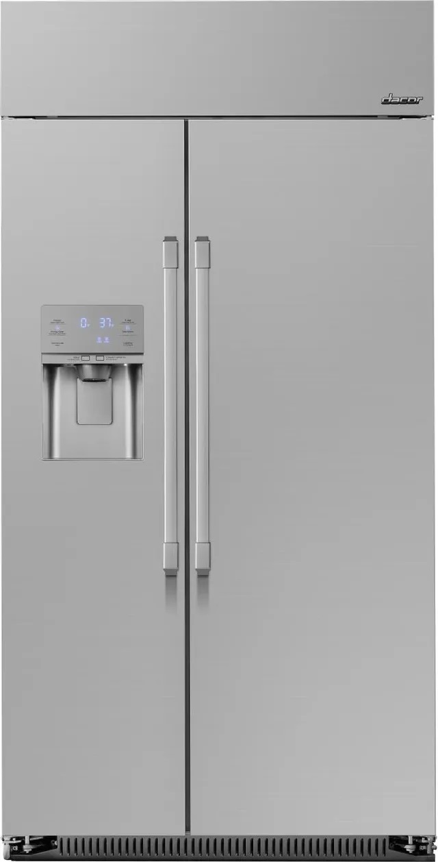 Front view of Dacor DYF42SBIWR side by side refrigerator 