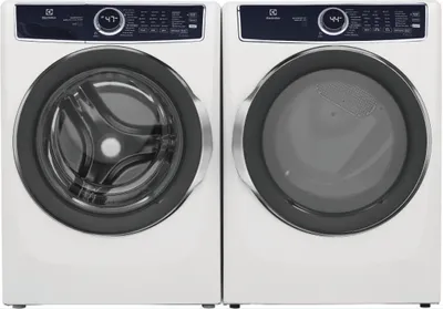 Front view of the Electrolux ELFW7637BW washer and Electrolux ELFE7637BW dryer laundry pair 
