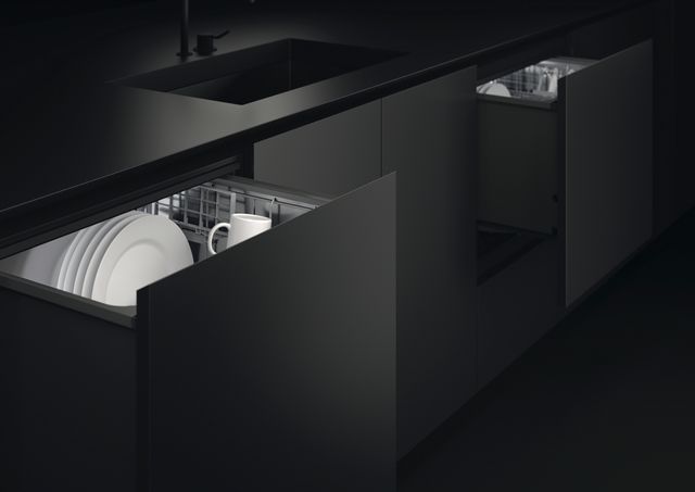 View of black cabinetry and sink with a black panel-ready Fisher and Paykel dishwasher drawer.