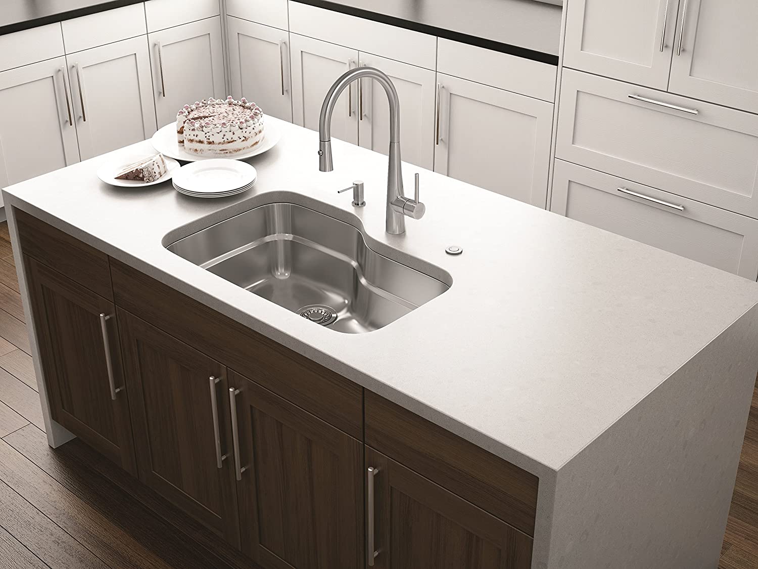 Overhead shot of Franke FF3450 kitchen faucet installed into sink 