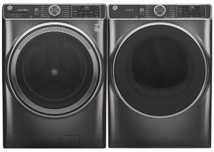 Front view of GE GELAUGFD85ESPNDG washer and dryer pair 